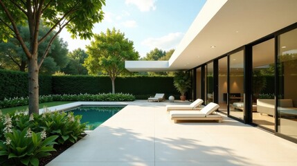 Fototapeta premium Serene Modern Home with Expansive Pool and Lush Landscaping, Perfect for Relaxation and Outdoor Entertaining