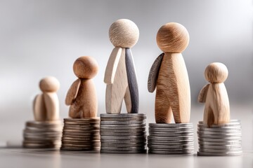 Wooden figures on stacks of coins