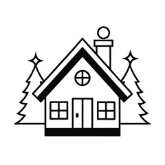 Charming symmetrical cottage adorned with festive christmas lights and decorations on a clean white background