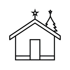 Charming tiny minimalist christmas shack illustration with festive red and green accents on a clean white background