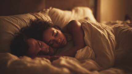 A couple sleeping peacefully under a cozy blanket, warm and intimate moment, home comfort, love and relaxation, soft textures, serene atmosphere, restful and tender scene.