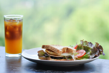 ham and cheese sandwichor egg sandwich with salad and orange black coffee