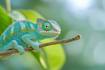 Naklejka premium Close-up of cute chameleon, sitting quietly on a thin branch, soft focus background
