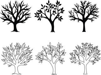 Tree icons collection. Includes minimal silhouette, flat design, and outlined trees for environmental design.