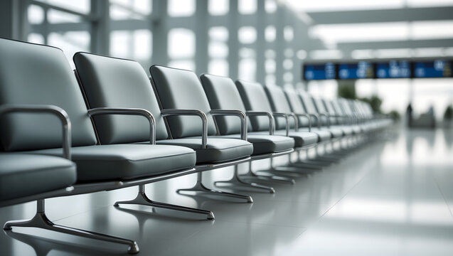 Airport waiting area chairs, sleek and modern design, rows of empty seats. - Powered by Adobe