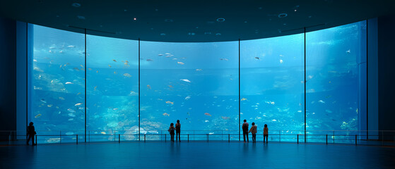 giant aquarium interior with a massive curved glass wall, silhouettes of people