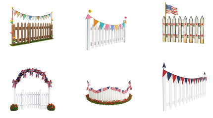 A wooden fence with American flags and bunting, decorated for a patriotic event.