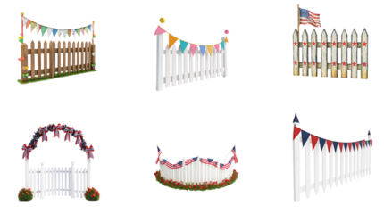 A wooden fence with American flags and bunting, decorated for a patriotic event.