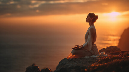 Woman in Peaceful Meditation Silhouette Against Ocean Sunset