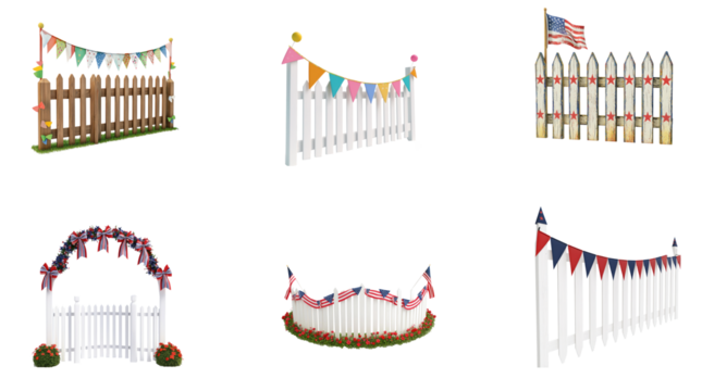 A wooden fence with American flags and bunting, decorated for a patriotic event.