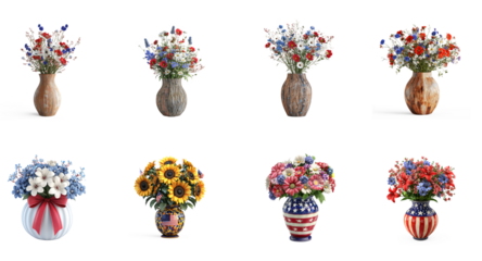 A collection of colorful flower arrangements in vases, including sunflowers, daisies, and other flowers, arranged in various styles and settings.