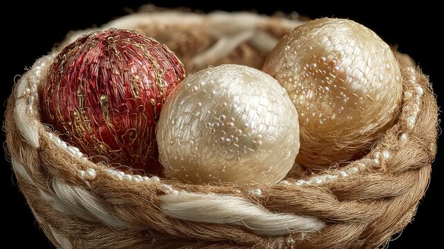 Ornamental Nest with Pearl and Red Embroidered Balls - Powered by Adobe