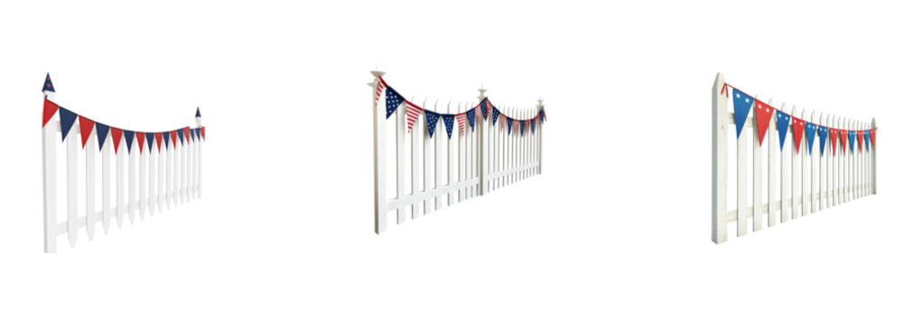 Three white picket fences decorated with American flag bunting.