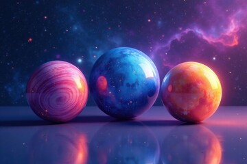Cosmic Spheres Reflecting on a Polished Surface, Illuminated by a Nebula's Glow