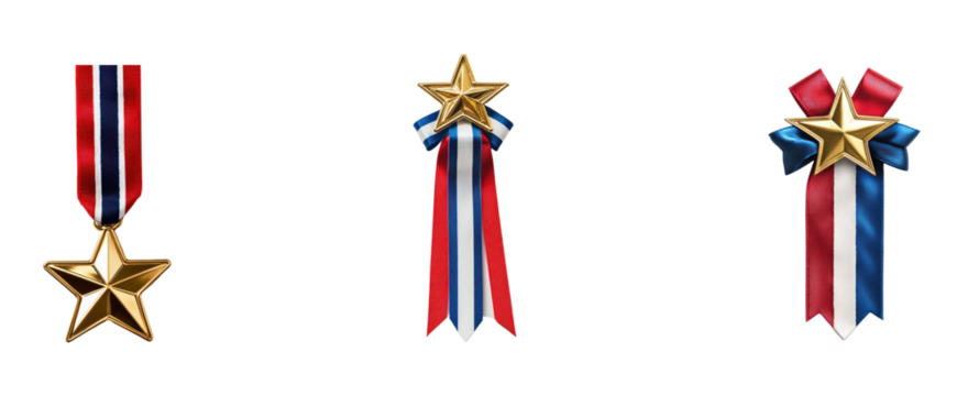 Three patriotic stars with red, white, and blue ribbons on a white background.