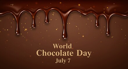 Melted chocolate drips down against a brown background with golden sparkles, celebrating world chocolate day on july 7