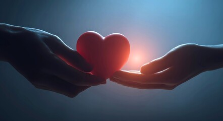 Two hands gently holding and passing a glowing red heart symbolizing love compassion and care in a dark blue background with soft light
