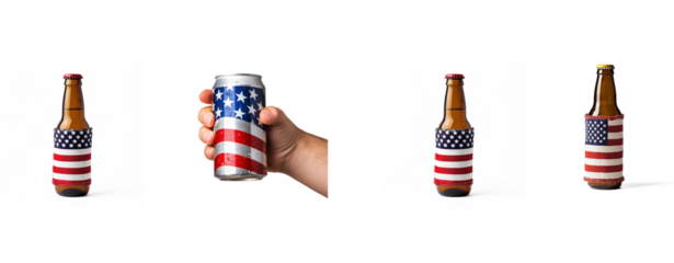 A hand holding a beer can with an American flag design on it.