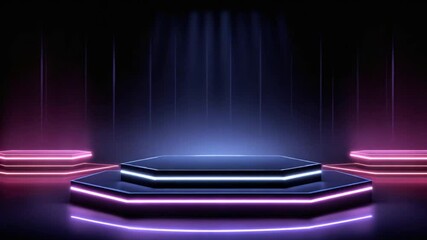 Illuminated stage, pink and purple spotlights with neon platform edges - Powered by Adobe