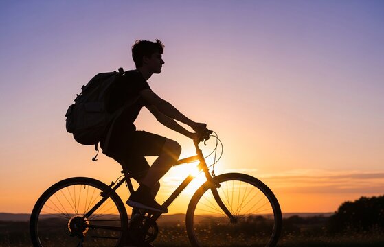 Backlit image of a teen cycling across a glowing sky, showing strength, balance, and spirit of adventure on International Youth Day. - Powered by Adobe
