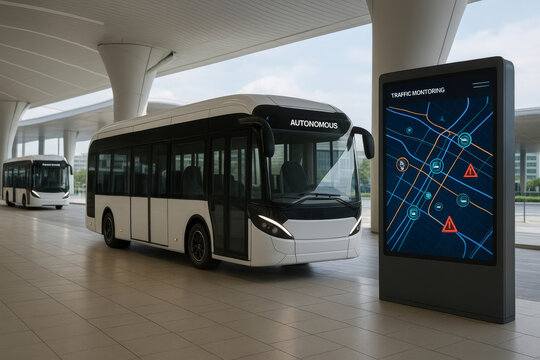 Autonomous buses at modern transportation hub with digital traffic monitoring display, showcasing advanced technology and innovation in public transport