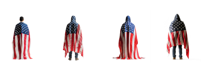A man standing with an American flag draped over his shoulders. The concept of patriotism and national pride.