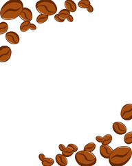 Roasted brown aromatic coffee beans. Frame of beans on an isolated background. Suitable for decorating coffee shops, restaurants, menus, postcards. Illustration of coffee beans background