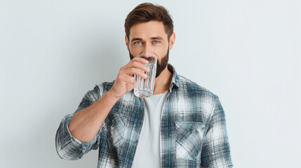 A man drinking a glass of fresh water against a plain white background, simple and clean concept for health, hydration, lifestyle, and wellness themes.