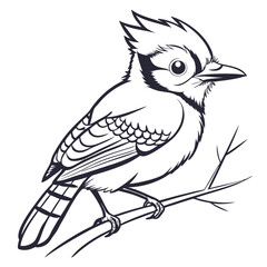 Outline drawing of a blue jay perched on a branch artwork