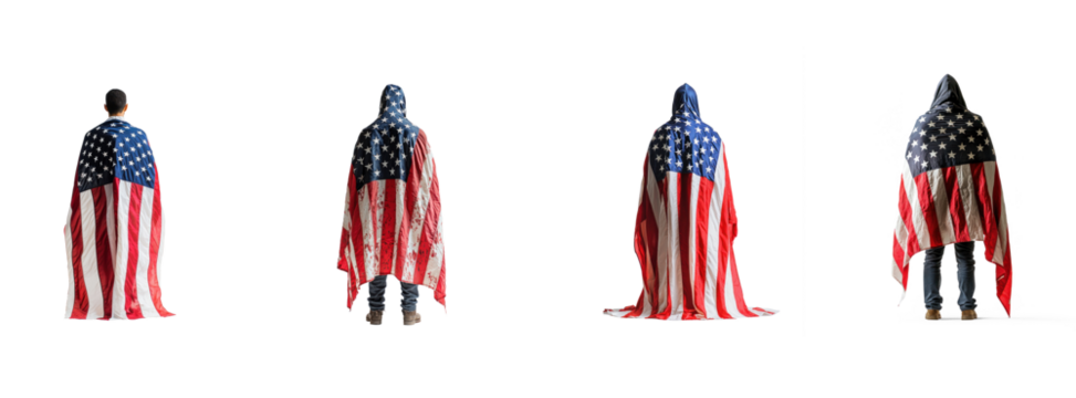 A man standing with an American flag draped over his shoulders. The concept of patriotism and national pride.