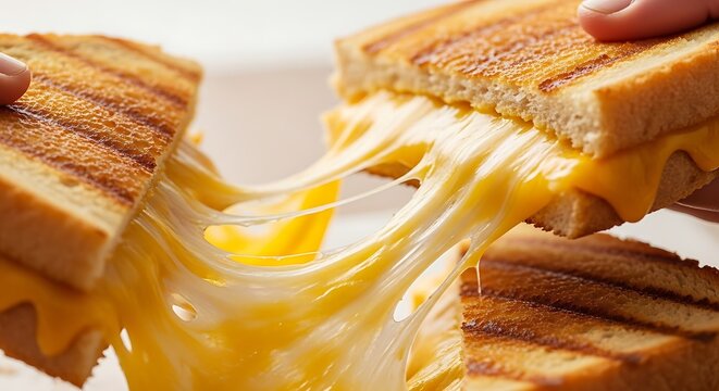 A grilled cheese sandwich is being pulled apart, revealing melted cheese strands.