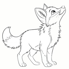 Outline drawing of a fox looking upwards with large ears