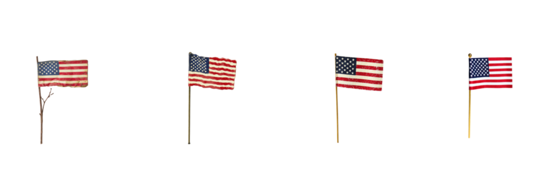 Four American flags displayed on flagpoles against a white background.