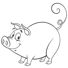 Cartoon pig illustration in black and white outline style