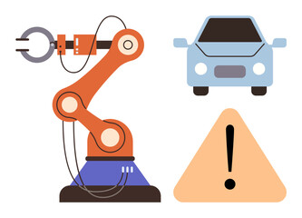 Robotic arm next to a car and caution symbol emphasizing automation, efficiency, and safety. Ideal for technology, robotics, manufacturing, safety awareness, automotive industry, industrial