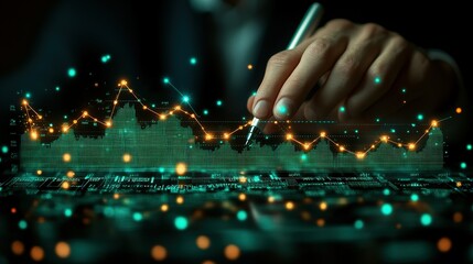 Hand holding pen writing on tech - style interface, surrounded by virtual data charts (lines, light spots, waves), representing tech, data, future, creation for tech, data, innovation themes