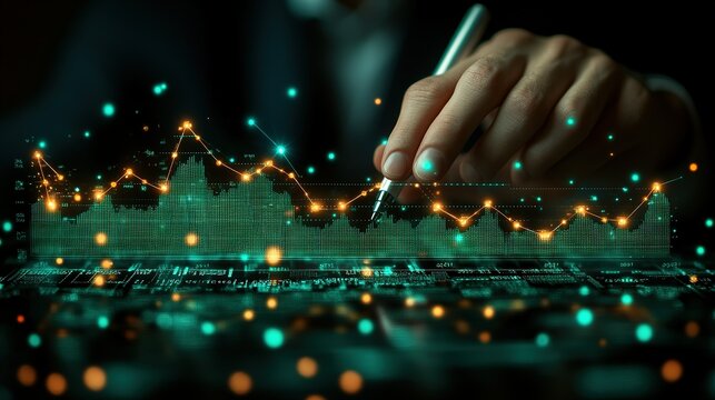 Hand holding pen writing on tech - style interface, surrounded by virtual data charts (lines, light spots, waves), representing tech, data, future, creation for tech, data, innovation themes