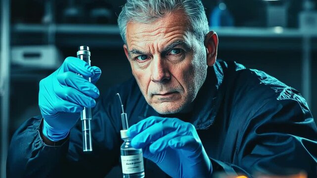 Serious scientist handling medical vials in a laboratory setting.