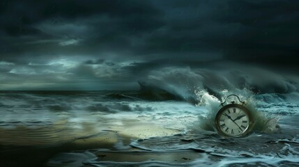 A dark stormy dreamscape with a melting clock, symbolizing the link between nightmares and aging.