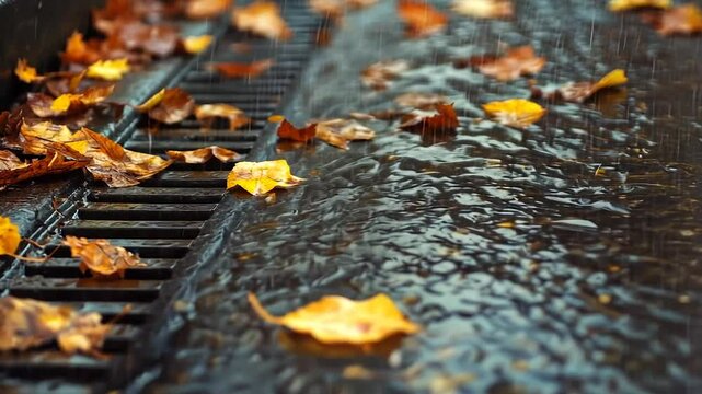 Autumn leaves in a rain-filled street gutter