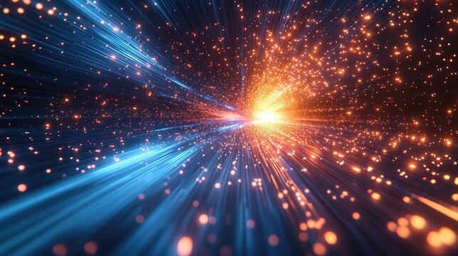 Particle Ray Explosion Effect in Dark Space with Colorful Particles, Ideal for Tech, Sci - Fi, Cosmic Themes