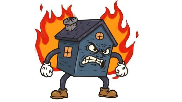 Angry Cartoon House Character With Flames Expressing Frustration in Animated Style