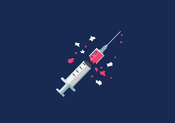 Obraz premium A fractured syringe pink liquid contents and debris float against a dark blue background