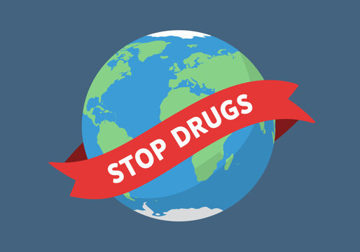 A globe is encircled by a red ribbon with the words STOP DRUGS on it