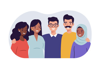 Five smiling individuals of diverse backgrounds are grouped together posing for a photograph or a group shot