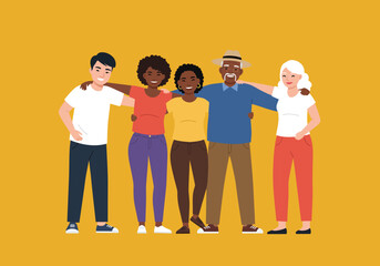 Five diverse people stand shoulder to shoulder smiling against a yellow background