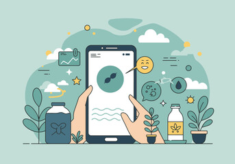 Hands hold phone with plant icon flanked by bottles pots clouds  floating icons on a muted green background
