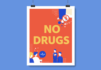 Poster on a blue wall reads NO DRUGS in yellow It has geometric shapes a syringe with a line through it and people