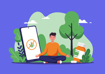 Meditating man with a phone showing a no cannabis symbol pills nearby set against a green landscape