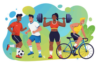 Four people exercising soccer running weightlifting and cycling in a grassy park against an abstract backdrop